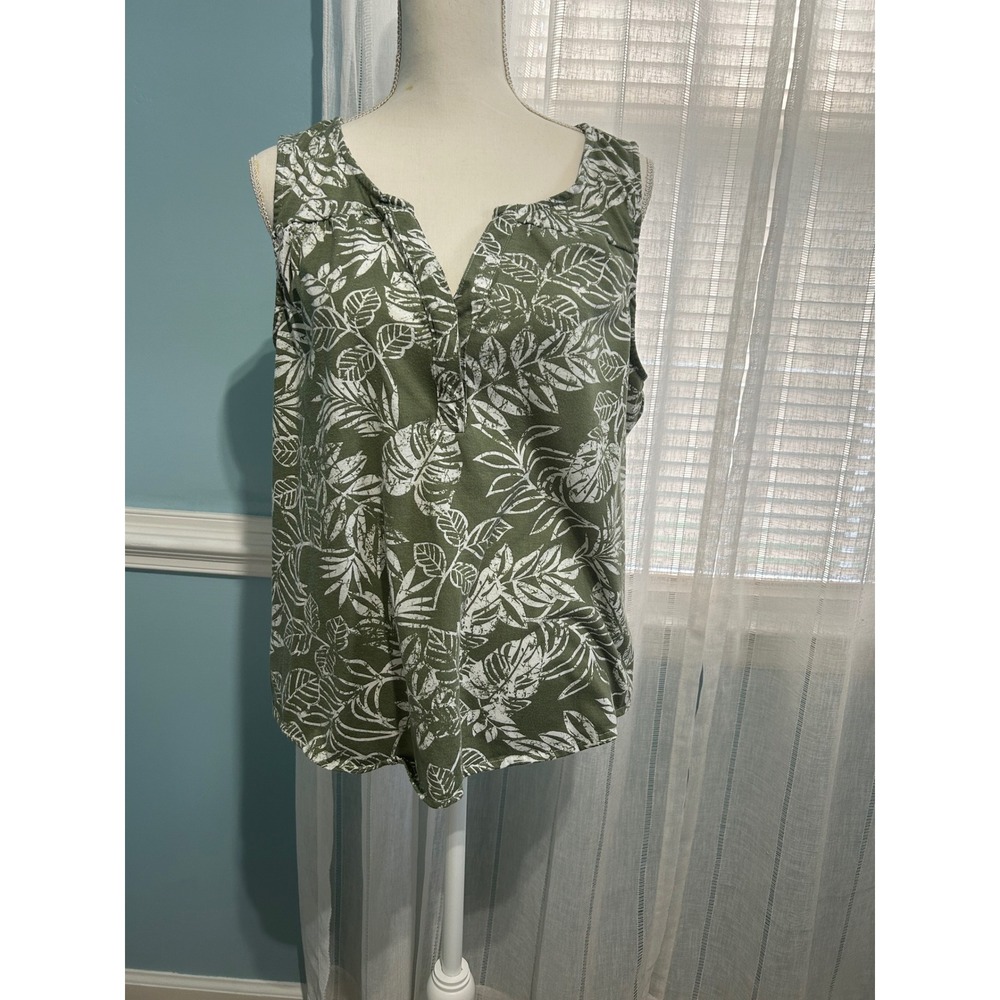 Eden & Olivia Womens Olive Green Tropical Leaf Print Button Back Tank Top L